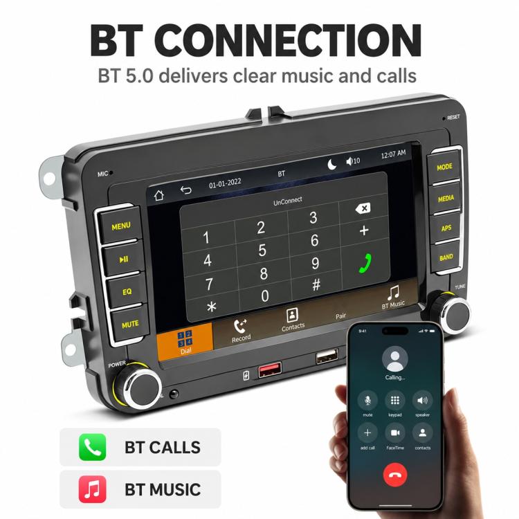 Car stereo touchscreen with Bluetooth dial pad for calls and music
