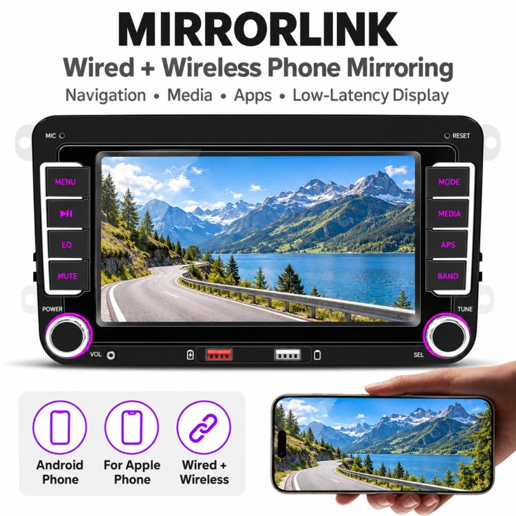 MP5 player stereo with MirrorLink display and on-screen media controls on 7-inch screen