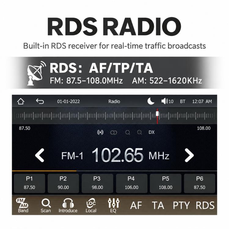 9-inch car touchscreen radio display showing FM 102.65 MHz and RDS icons