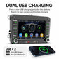 In-dash car stereo with dual USB charging ports and front/rear USB charging illustration