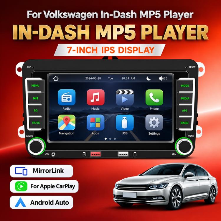 In-dash MP5 player with 7-inch display showing app icons, black unit