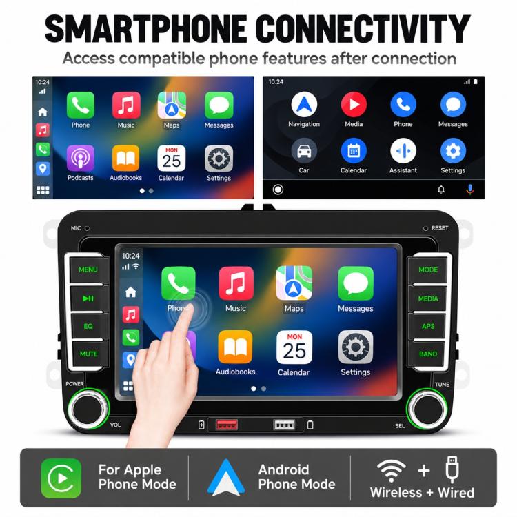 In-dash MP5 player with smartphone connectivity screen and touch hand, black console
