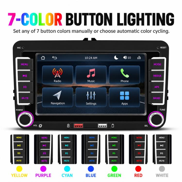 In-dash MP5 player with customizable button backlight color display, black console