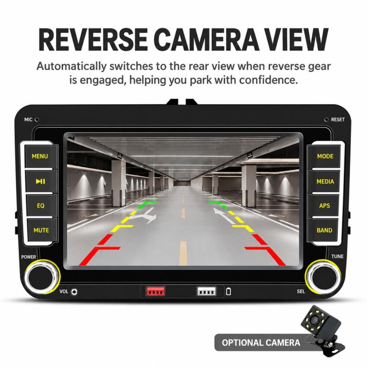 In-dash MP5 player reverse camera screen with parking guidelines, black unit