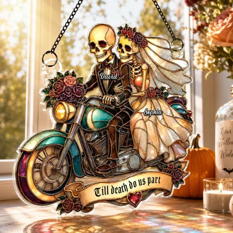 Acrylic skeleton biker couple wall ornament with roses, hanging chain and dark lettering