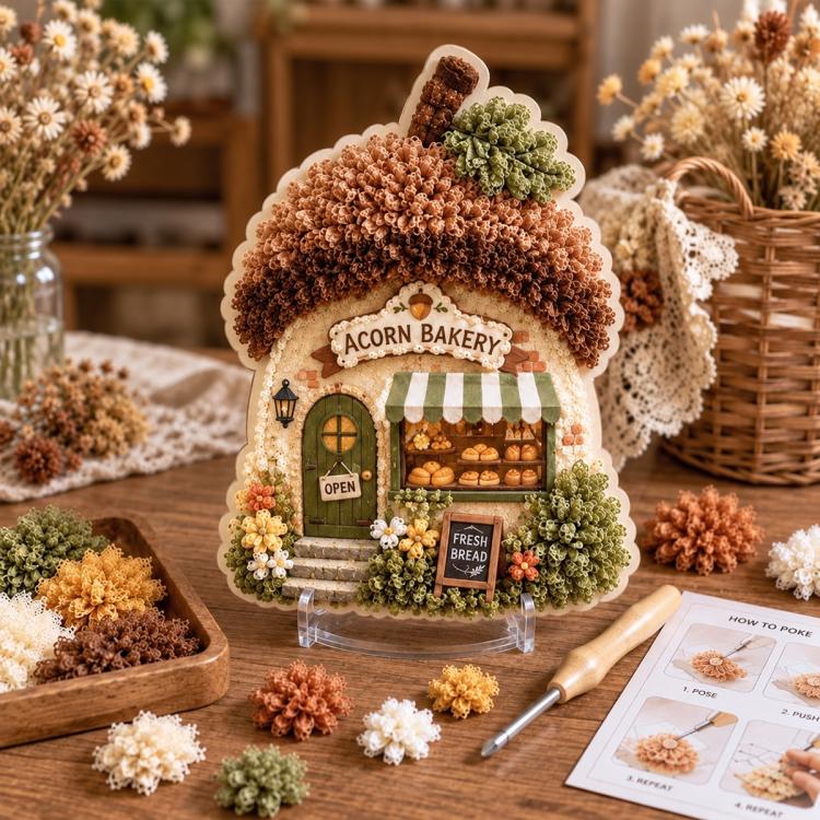 3D textile art cottage centerpiece with layered acorn roof and shop sign