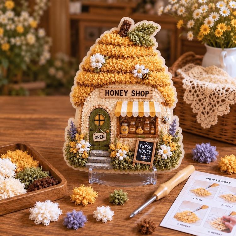 3D textile art cottage with honey-colored roof, flowers, and storefront sign