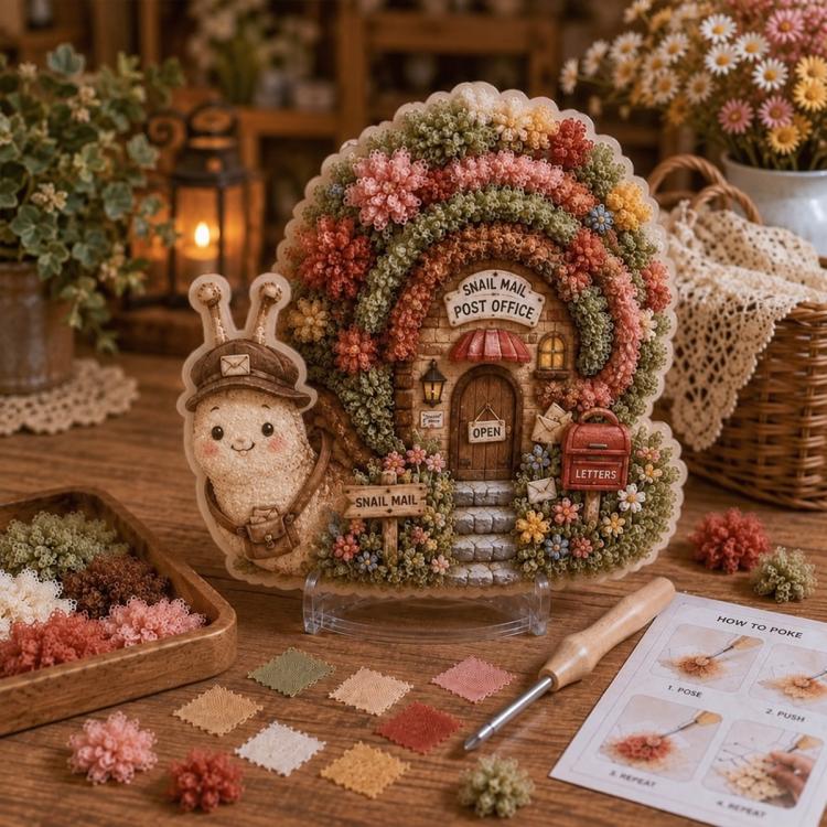 3D textile art cottage with snail mail theme, arched window, and flowers