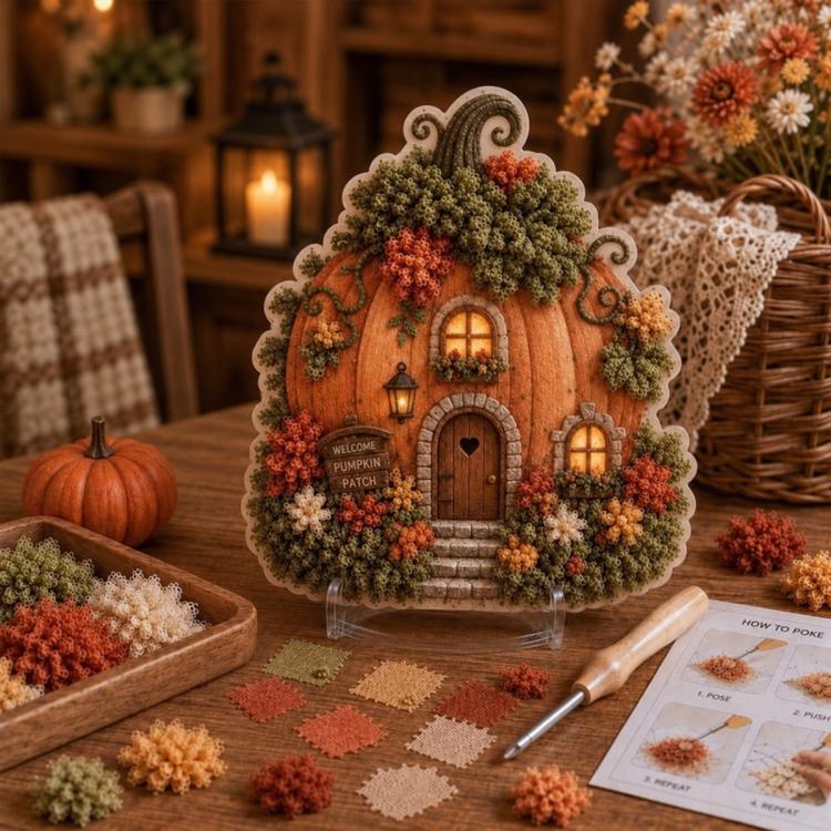 3D textile art pumpkin cottage with wreath-like flowers and arched door