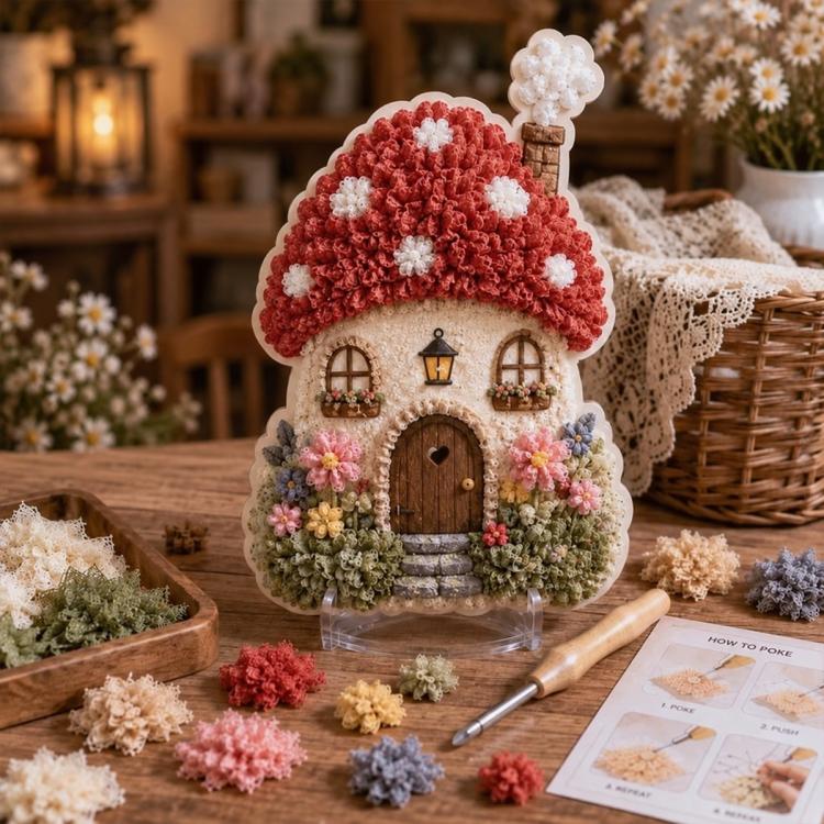 3D textile art mushroom cottage with red roof and blooming garden details