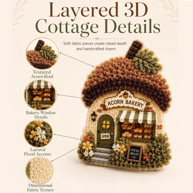Layered 3D cottage details guide for textile art with labeled feature callouts