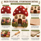 Textile art texture and tools overview sheet with cottage close-ups and icons