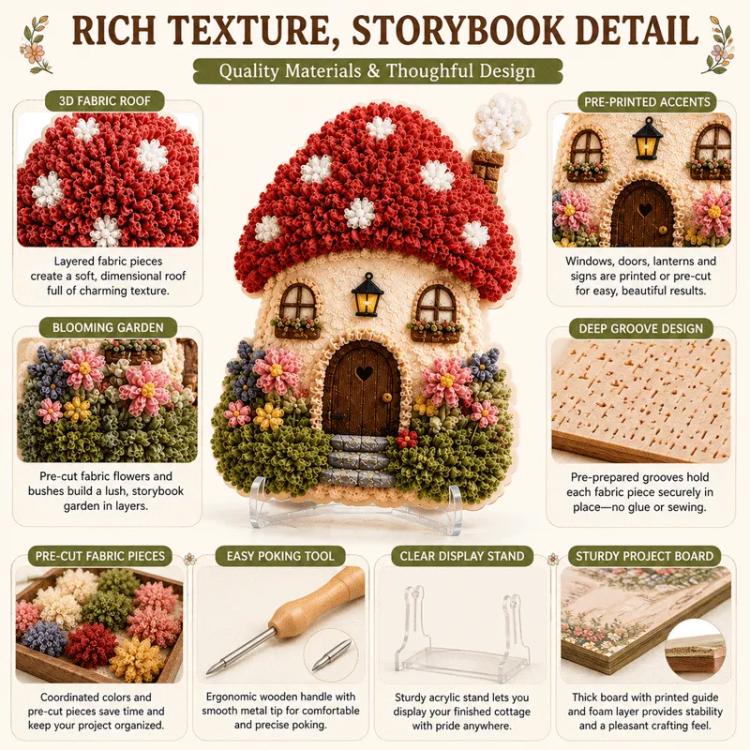 Textile art texture and tools overview sheet with cottage close-ups and icons