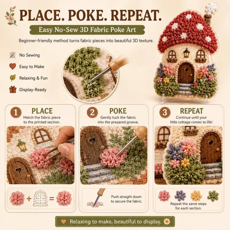 Place, poke, repeat 3D fabric poke art guide with step-by-step diagrams