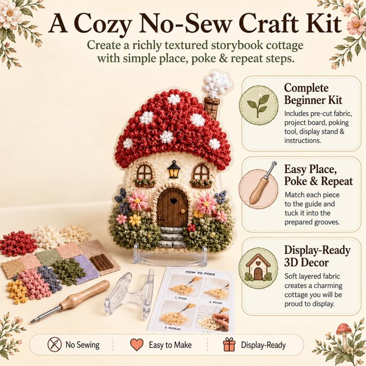No-sew 3D textile art craft kit with cottage design pieces and instructions