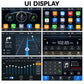 7-inch car MP5 dashboard display showing app icons, map, radio and music screens