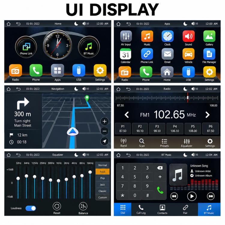 7-inch car MP5 dashboard display showing app icons, map, radio and music screens