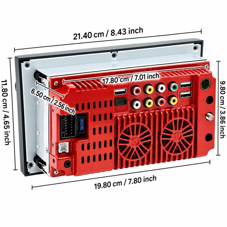 7-inch car MP5 player dimensions diagram with 21.40 cm width and 8.98 cm height