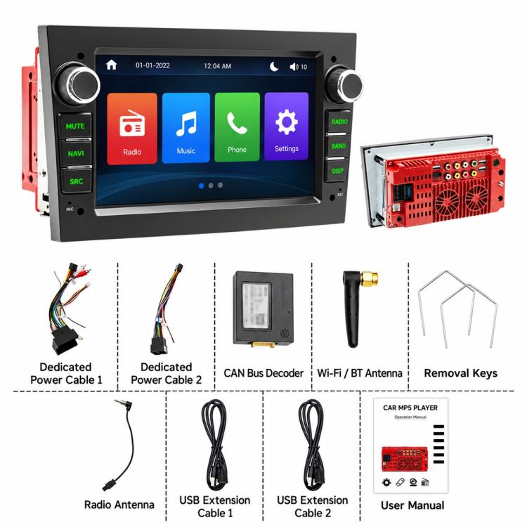 7-inch car MP5 head unit kit with wiring cables, Wi‑Fi/BT antenna and removal keys