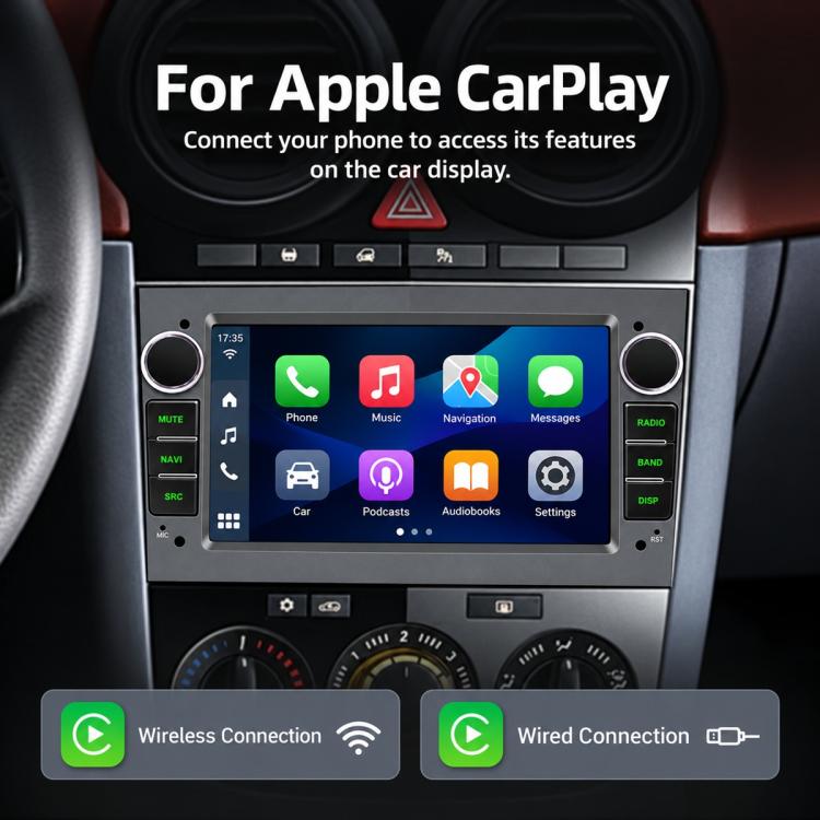 7-inch car MP5 player screen showing Apple CarPlay apps and connection options