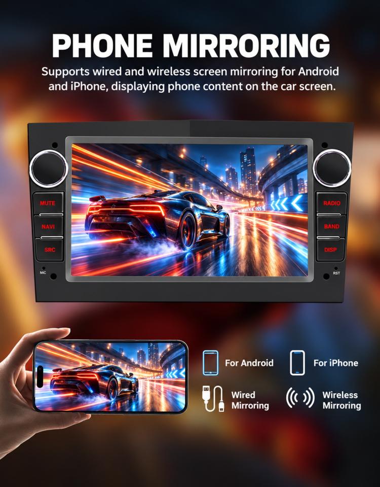 7-inch car MP5 player with phone mirroring display and wired/wireless mirroring icons