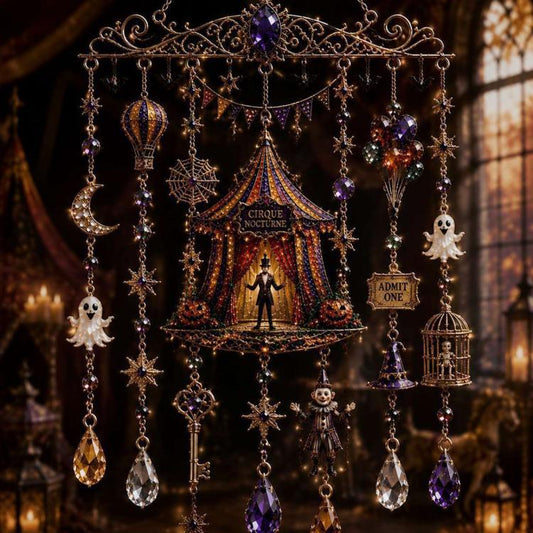 Halloween wind chime with hanging crescent, skull, crystal beads and stars