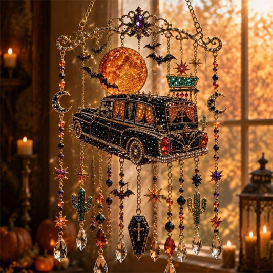 Halloween wind chime with vintage bus charm, moon crescent, and crystal teardrops