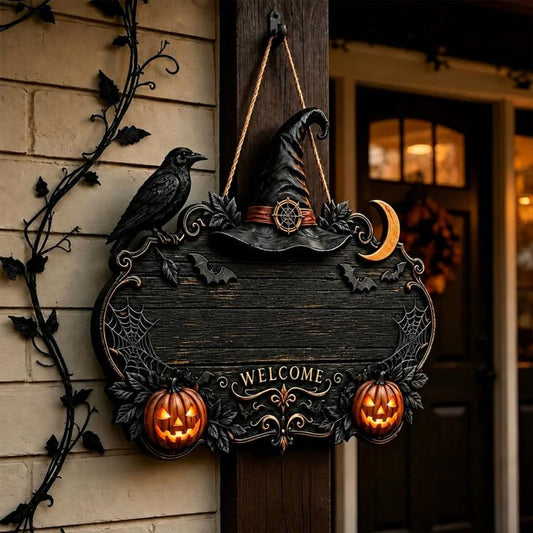 Dark Halloween welcome door sign featuring witch hat, crescent moon, ravens, and jack-o’-lanterns