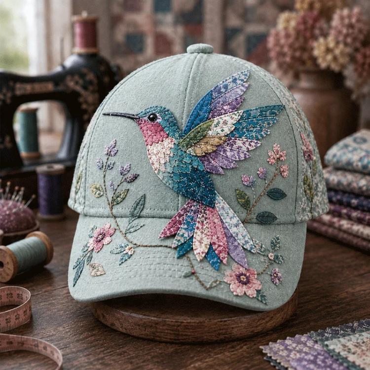 Vintage sunshade cap with embroidered hummingbird and floral details