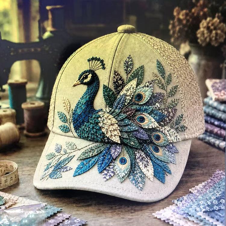 Vintage sunshade cap with peacock embroidery and leaf applique