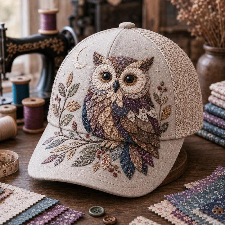 Vintage sunshade cap with owl embroidery and leaf details