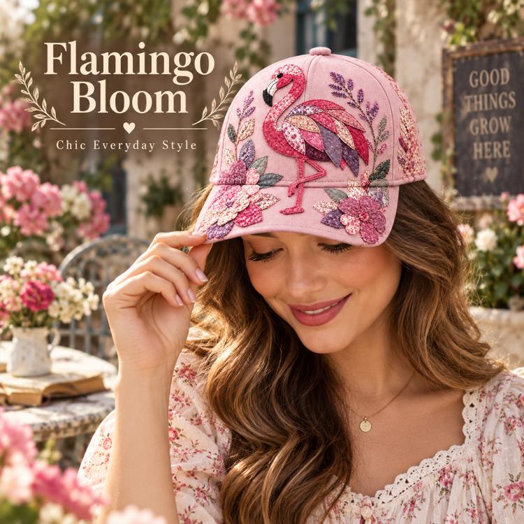 Pink vintage sunshade cap with flamingo and floral embroidery