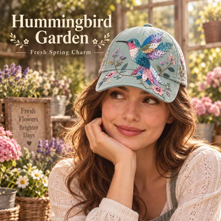 Vintage sunshade cap with hummingbird and floral embroidery
