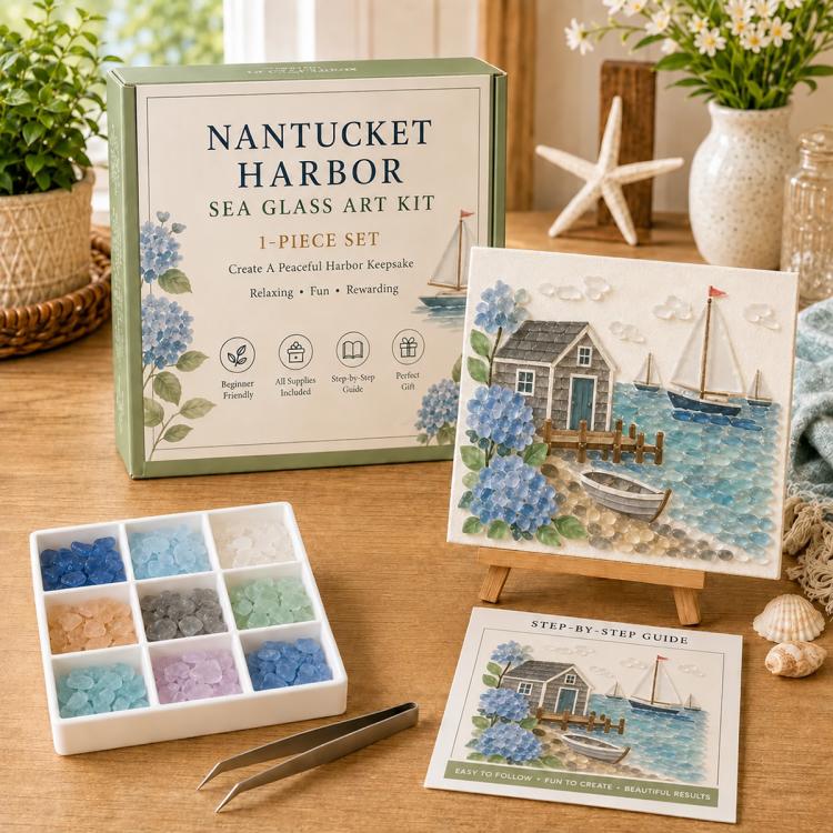 Sea glass art kit with Nantucket Harbor scene, small tile set and step-by-step guide