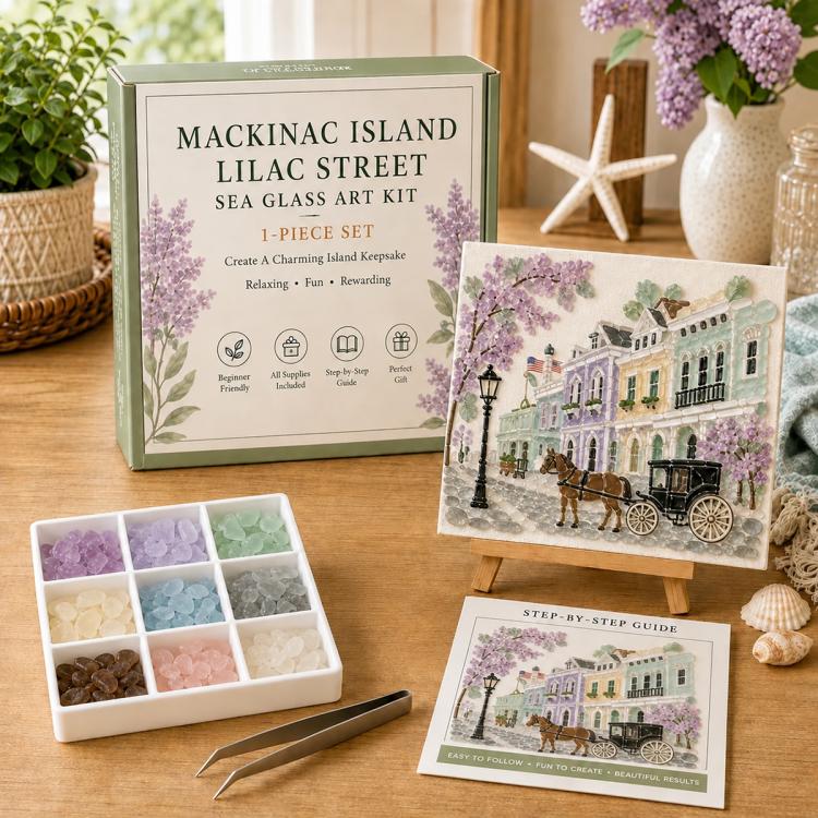 Sea glass art kit with Mackinac Island Lilac Street scene, tile set and step-by-step guide