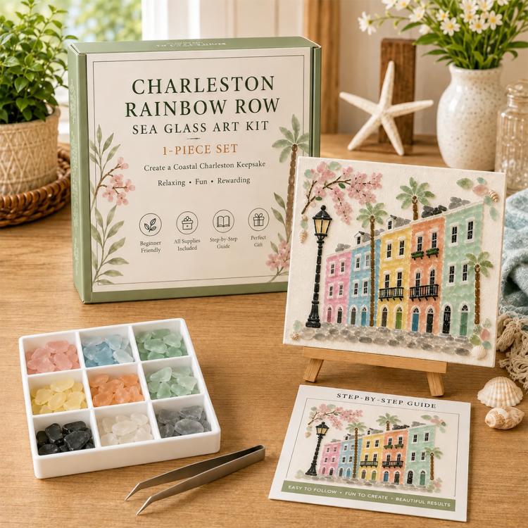 Sea glass art kit with Charleston Rainbow Row scene, tile set and step-by-step guide