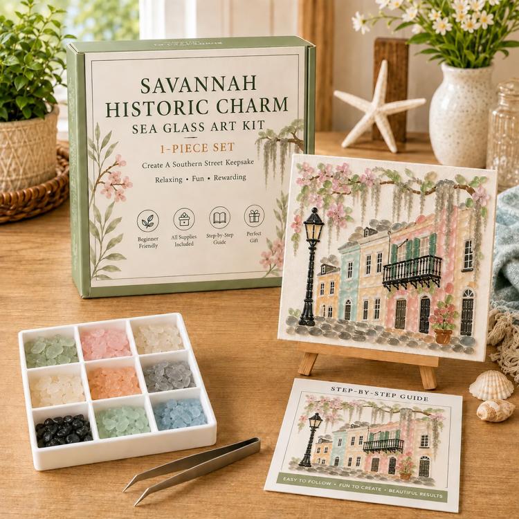 Sea glass art kit with Savannah Historic Charm scene, tile set and step-by-step guide