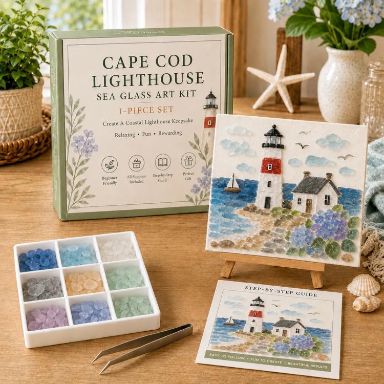 Sea glass art kit with Cape Cod Lighthouse scene, tile set and step-by-step guide