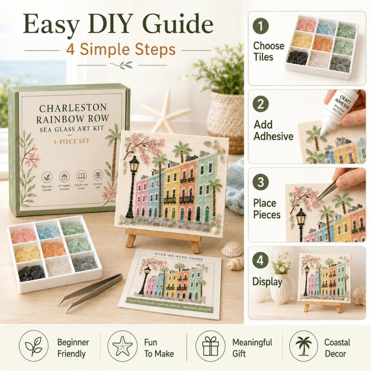 Sea glass art kit instruction guide with four DIY steps and example artwork