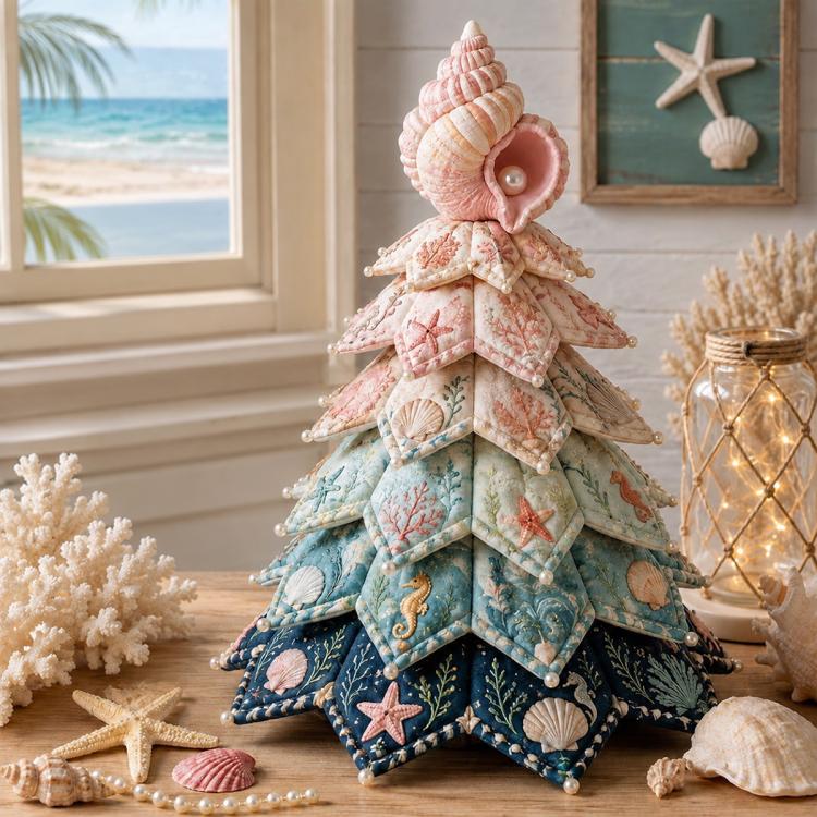 Patchwork Christmas tree ornament with pink seashell seahorse topper and layered fabric