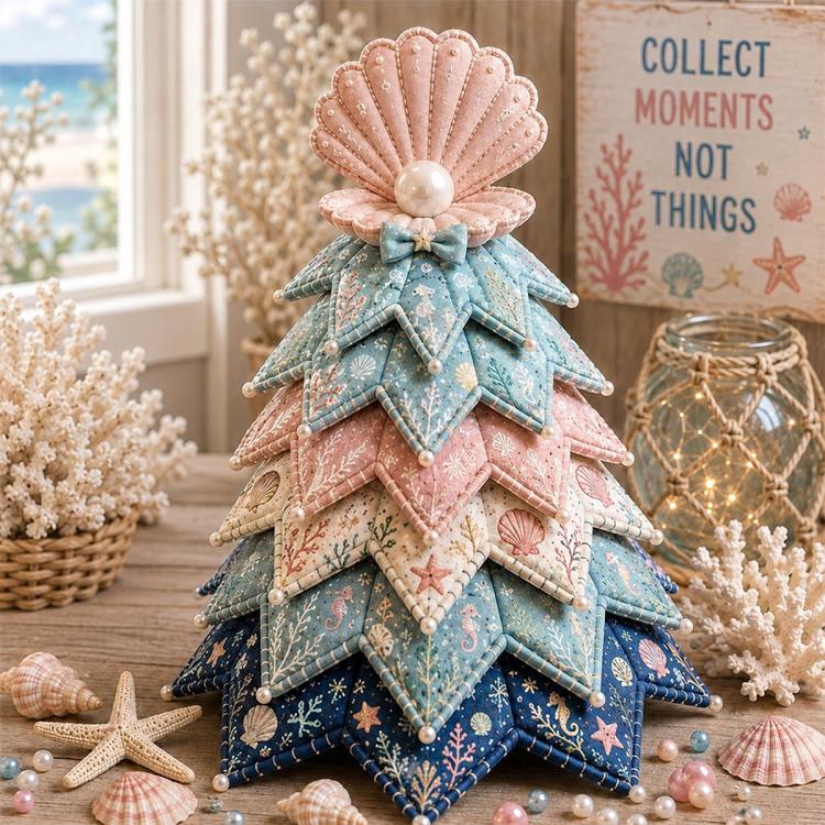 Patchwork Christmas tree ornament with pink scallop shell topper and layered ocean fabric