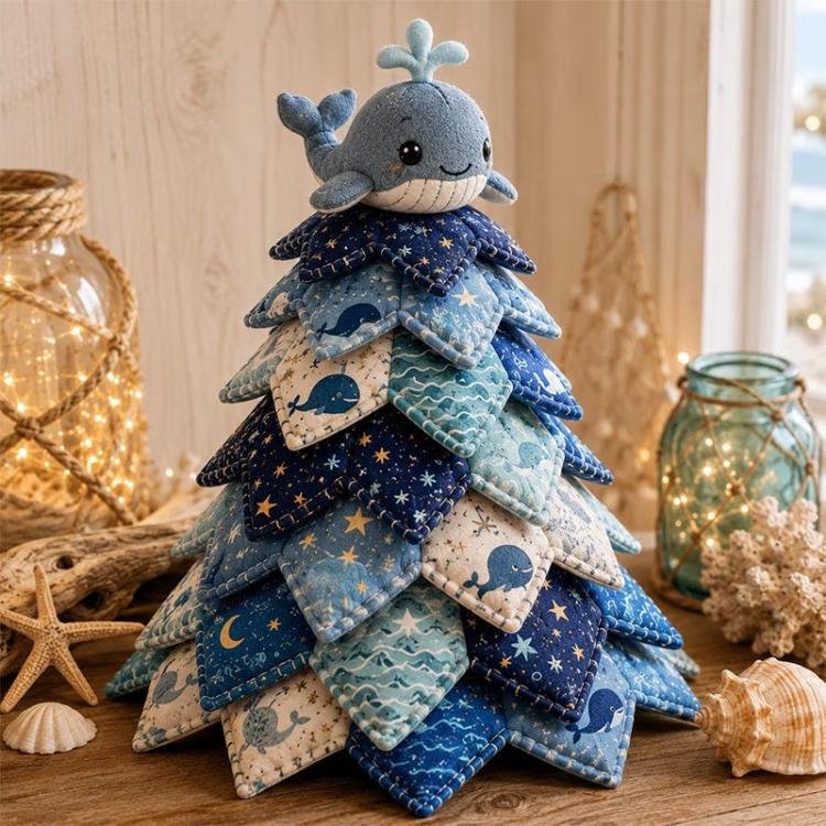 Patchwork Christmas tree ornament with dark whale topper and layered blue ocean fabric