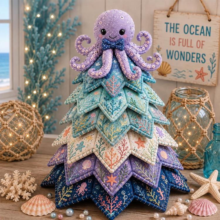 Patchwork Christmas tree ornament with purple octopus topper and layered ocean fabric