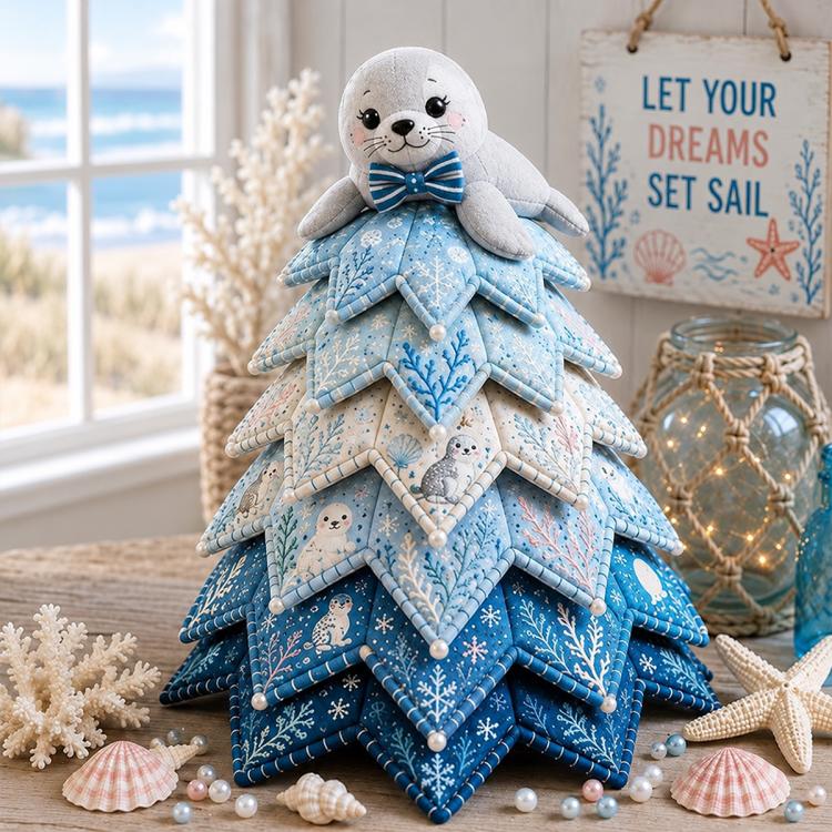 Patchwork Christmas tree ornament with white seal topper and layered blue ocean fabric