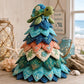 Patchwork Christmas tree ornament with green sea turtle topper and layered ocean fabric