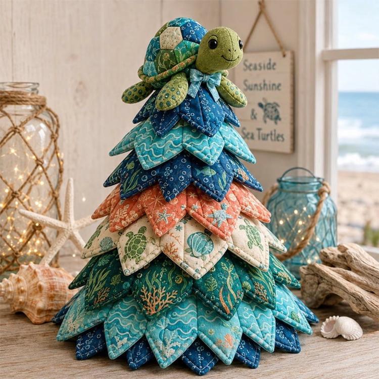 Patchwork Christmas tree ornament with green sea turtle topper and layered ocean fabric