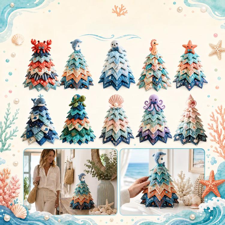 DIY patchwork Christmas tree kit with ocean-themed tiered fabric tree designs