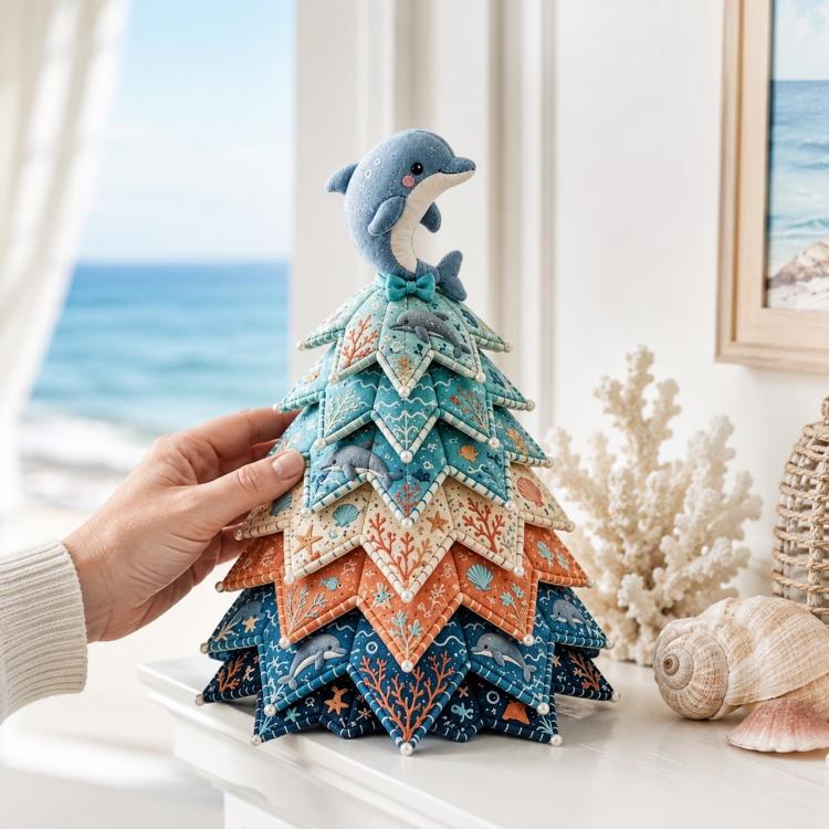 Handheld ocean patchwork Christmas tree with dolphin topper and zigzag tiers