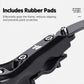 Kickstand arm detail with mounting bolts and rubber contact pads, black metal