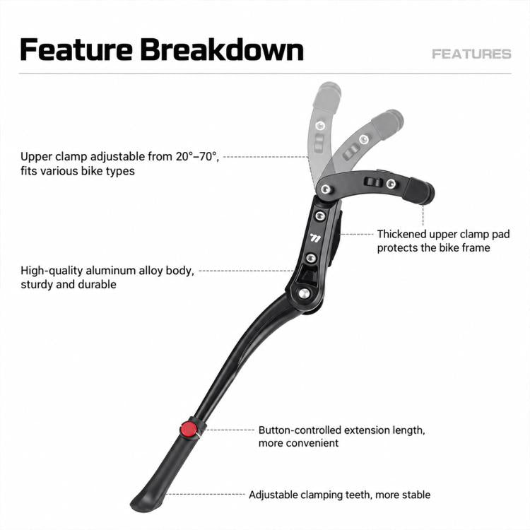 Kickstand with aluminum alloy body and adjustable clamping teeth, black stand